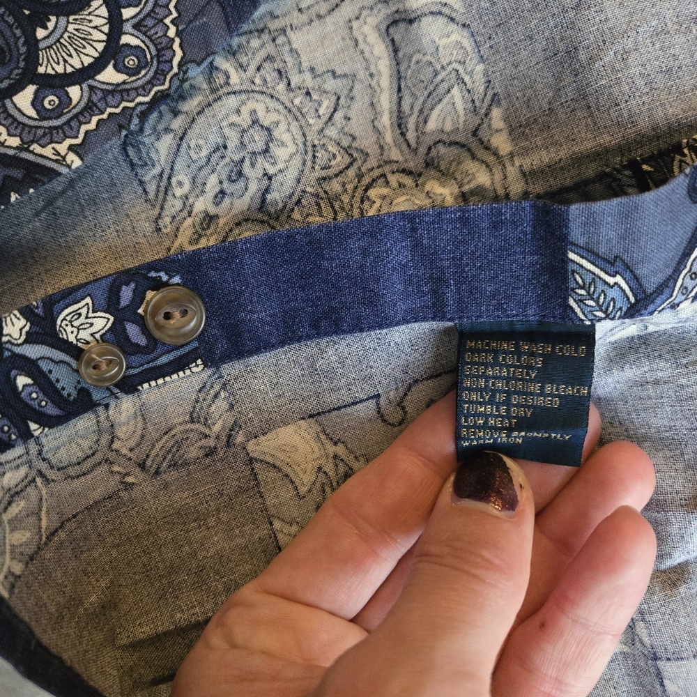 Chaps Ralph Lauren Cotton blue paisley checker short sleeve button down - Picture 7 of 7